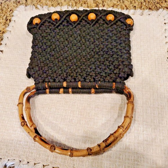 Vintage Boho Black Macrame Purse with Wood Beads & Rattan Handle - Picture 5 of 5